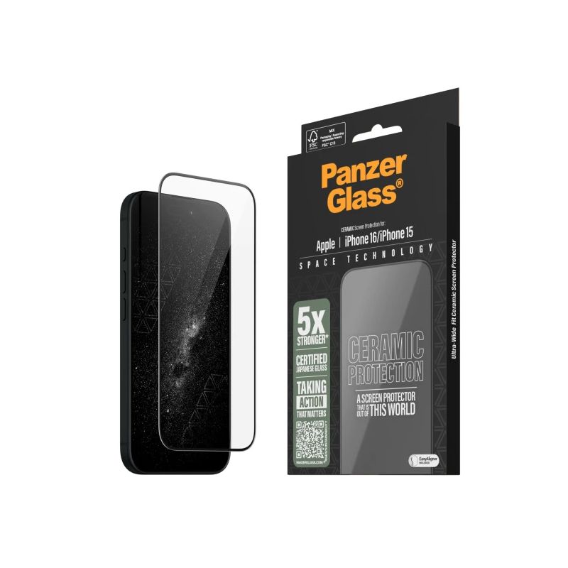 PanzerGlass Ceramic Screen Protector Apple iPhone 16, Ultra-Wide Fit