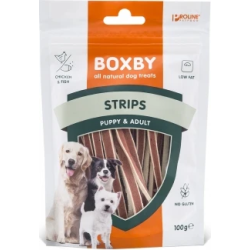 BOXBY STRIPS FOR DOGS 100g - STRĒMELĪTES KUCĒNIEM UN PIEAUGUŠIEM SUŅIEM ,VISTA UN ZIVIS,