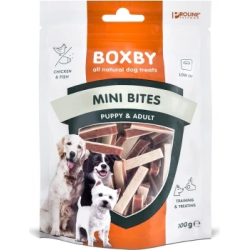 BOXBY MINI BITES PUPPY&ADULT 100gr - MINI STRĒMELĪTES KUCĒNIEM UN PIEAUGUŠIEM SUŅIEM ,VISTA UN ZIVIS,