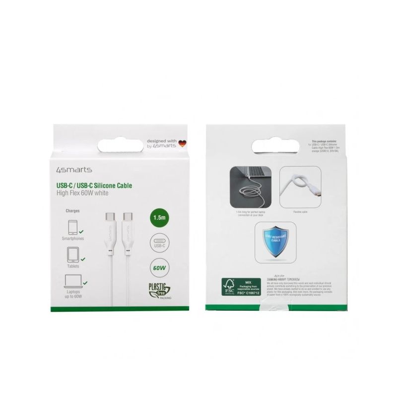USB-C-USB-C Silicone Cable High Flex 60W 1.5m., white