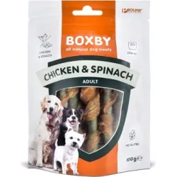 BOXBY CHICKEN&SPINACH STICKS 100g - NŪJIŅAS PIEAUGUŠIEM SUŅIEM ,VISTA UN SPINĀTI,