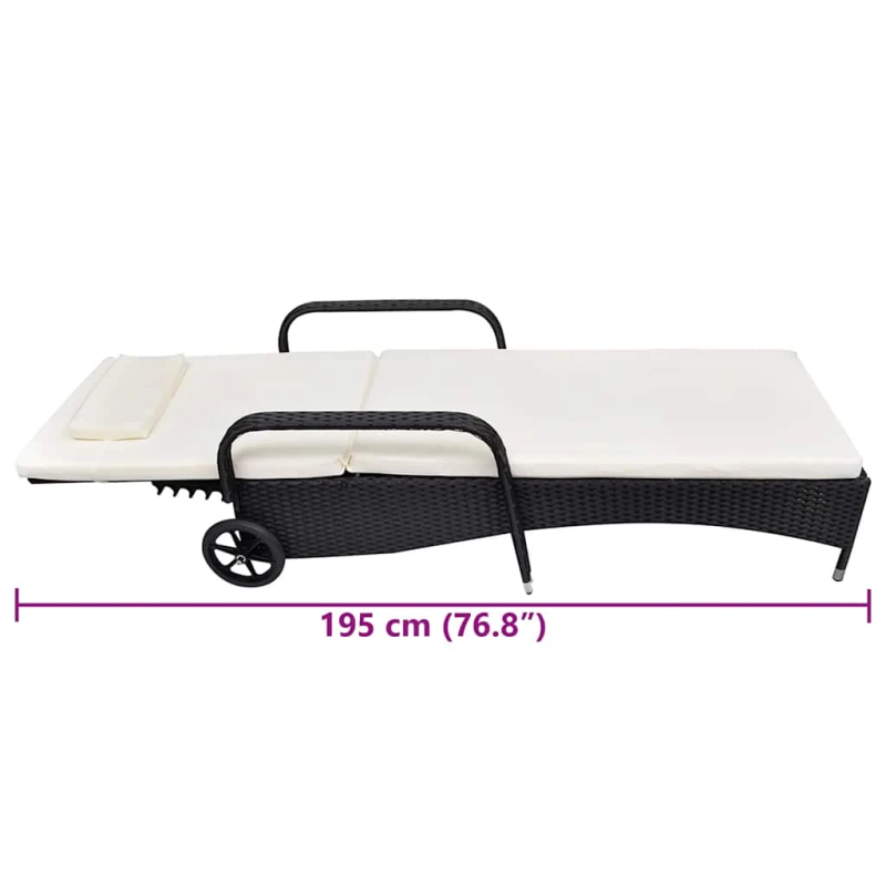 vidaXL sauļošanās zvilnis ar matraci un riteņiem, melna PE rotangpalma