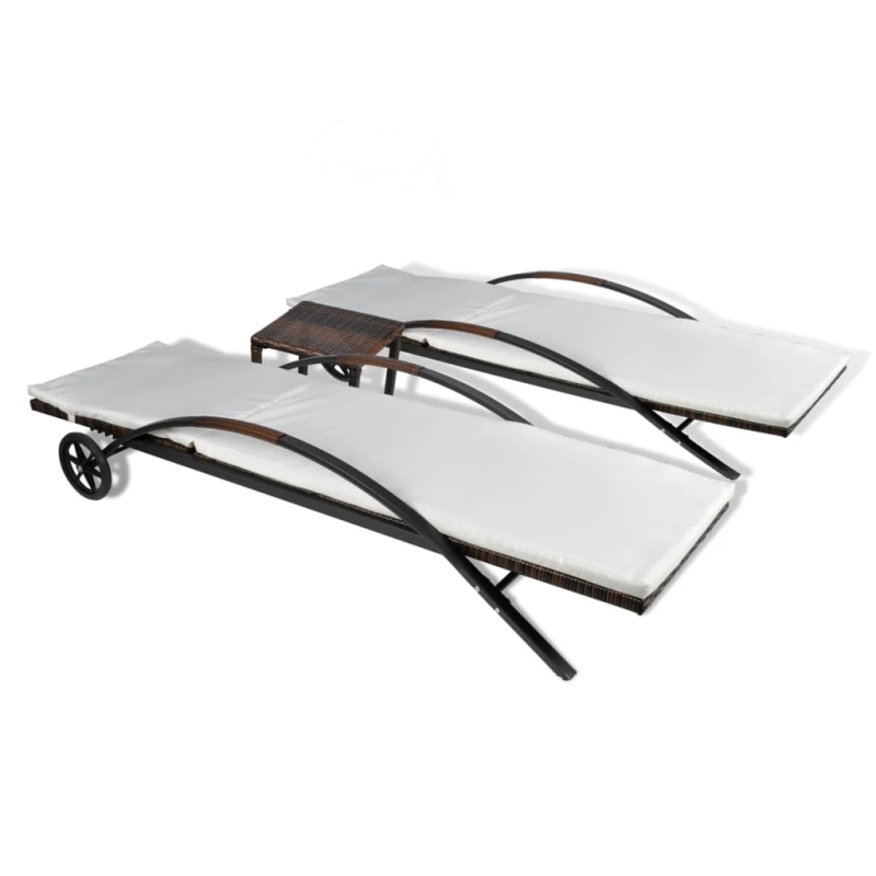 vidaXL sauļošanās zviļņi ar galdiņu, brūna PE rotangpalma