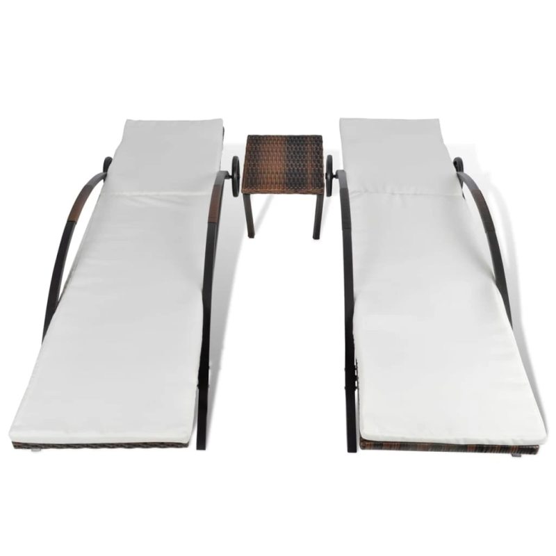 vidaXL sauļošanās zviļņi ar galdiņu, brūna PE rotangpalma