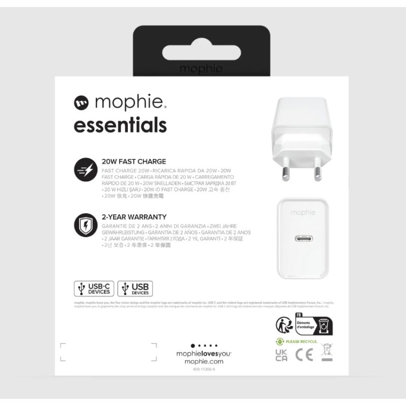 mophie Essentials Power Adapter USB-C 20W PD EU White