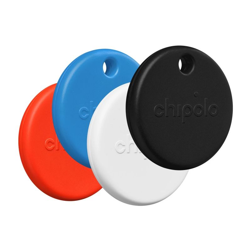 Chipolo POP – Bluetooth Tracker with Replaceable Battery for iOS & Android, 4pack -Black, White, Red, Blue
