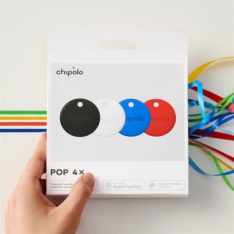 Chipolo POP – Bluetooth Tracker with Replaceable Battery for iOS & Android, 4pack -Black, White, Red, Blue