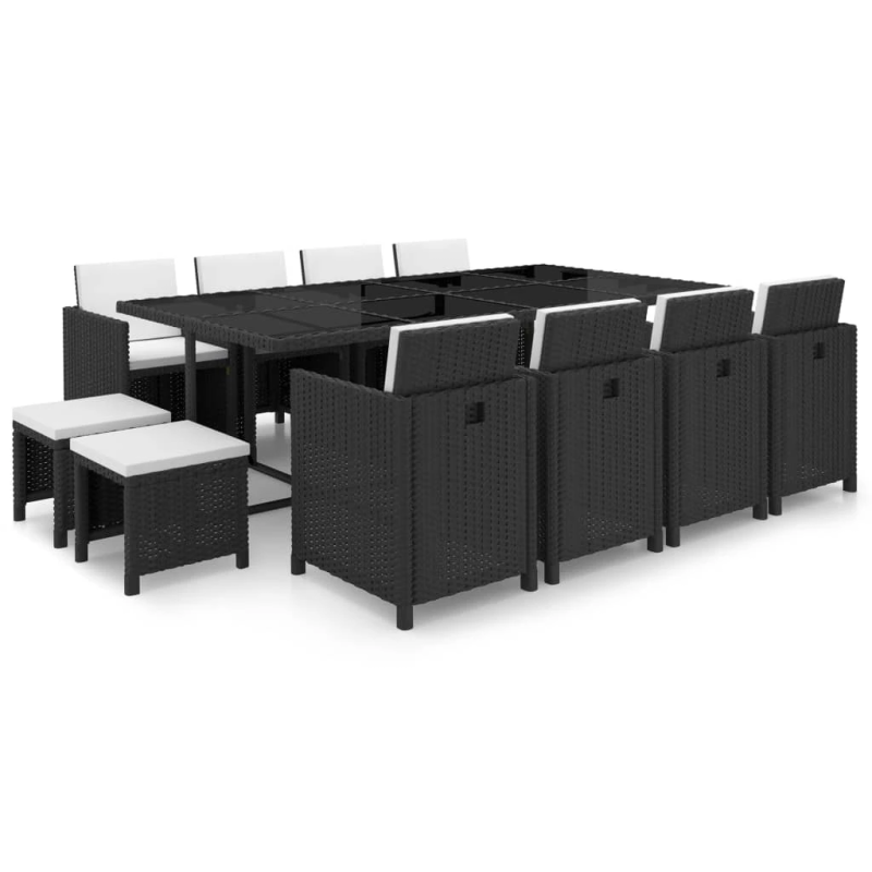 vidaXL 13-daļīgs dārza mēbeļu komplekts ar matračiem, PE pinums, melns