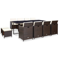 vidaXL 13-daļīgs dārza mēbeļu komplekts ar matračiem, PE pinums, brūns