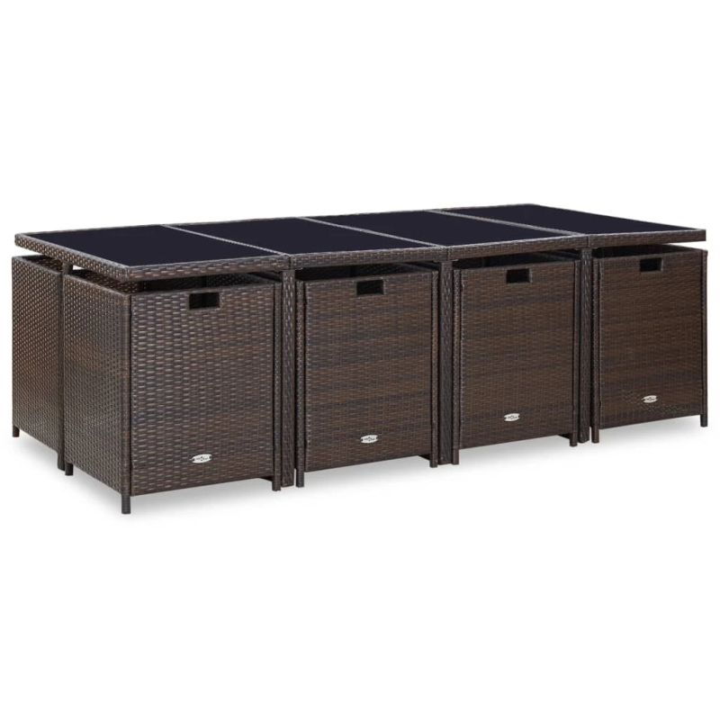 vidaXL 13-daļīgs dārza mēbeļu komplekts ar matračiem, PE pinums, brūns