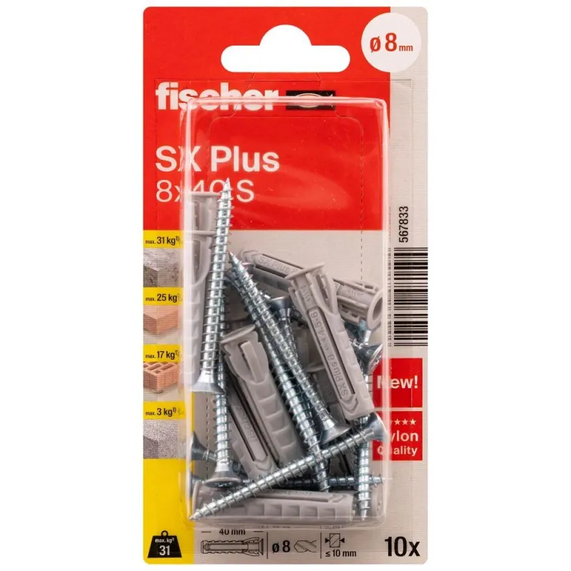 FISCHER paplašināšanas kontaktdakša SX Plus S ar skrūvi, 8x40 mm, 10 gab.