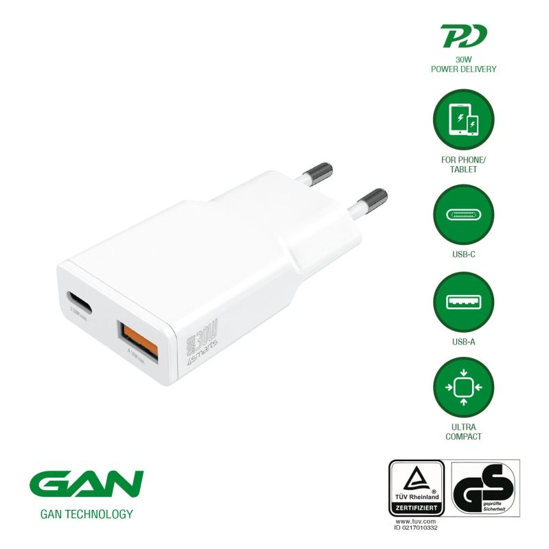 Wall Charger PDPlug Duos Slim 30W GaN 1C+1A white