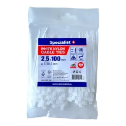 SPECIALIST+ nylon cable ties, white, 2.5x100 mm, 100 pcs