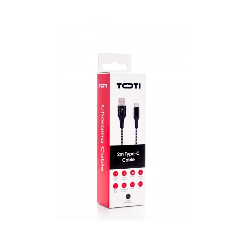 SEEK TOTI USB A to Type-C, 2m Braided Cable 2A, Black-Space grey
