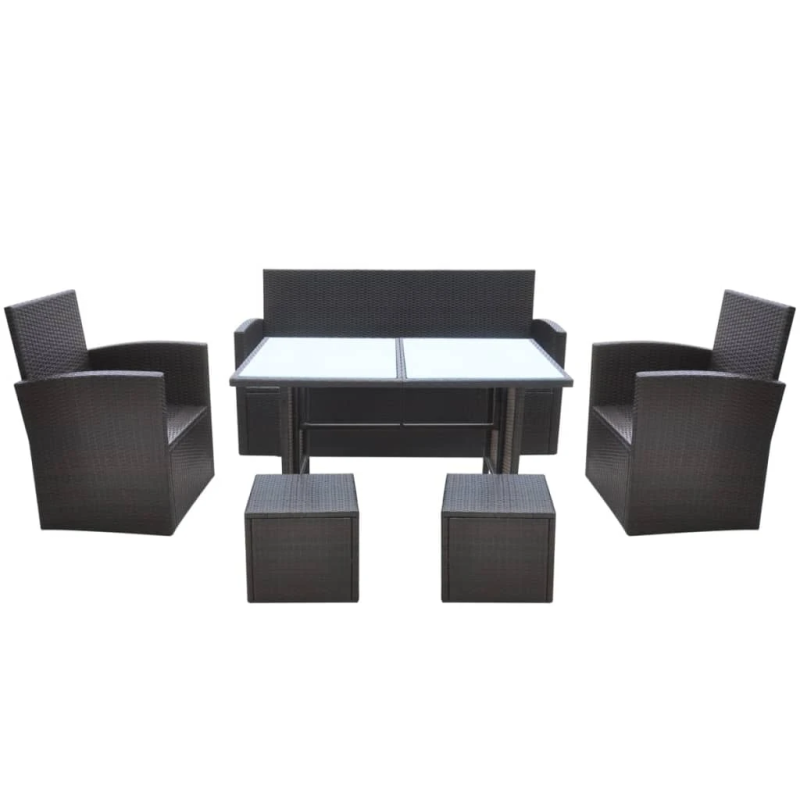 vidaXL 6-daļīgs dārza mēbeļu komplekts ar matračiem, PE pinums, brūns