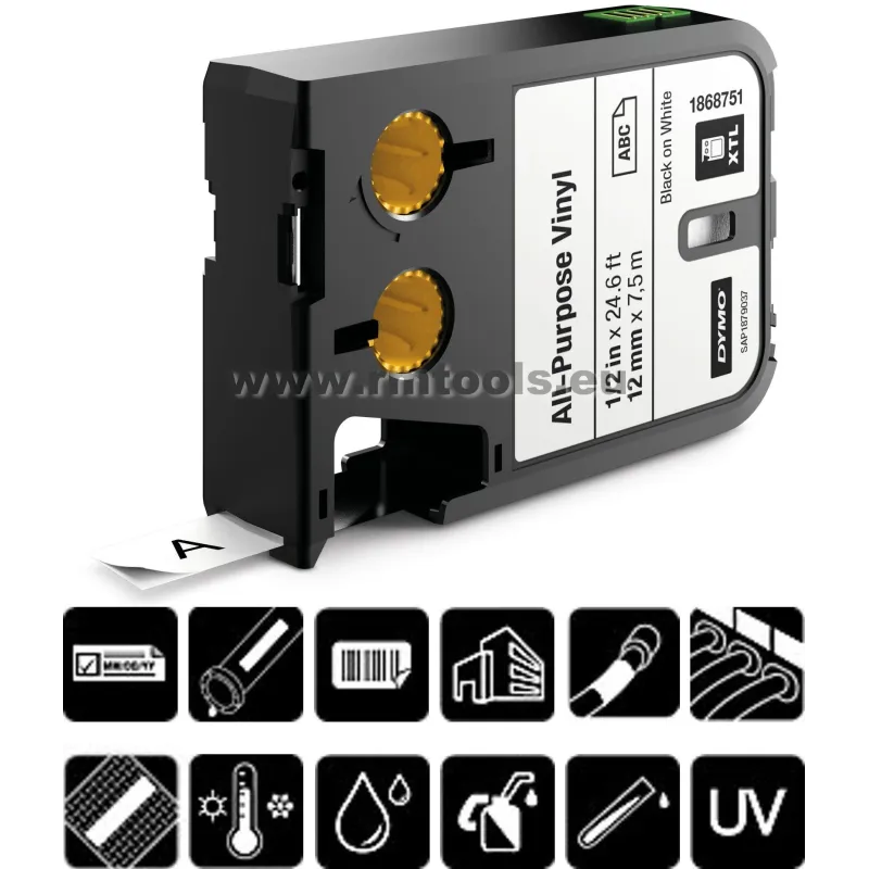 DYMO XTL universālā vinila etiķešu lente, melns uz dzeltena, 54 mm x 7 m