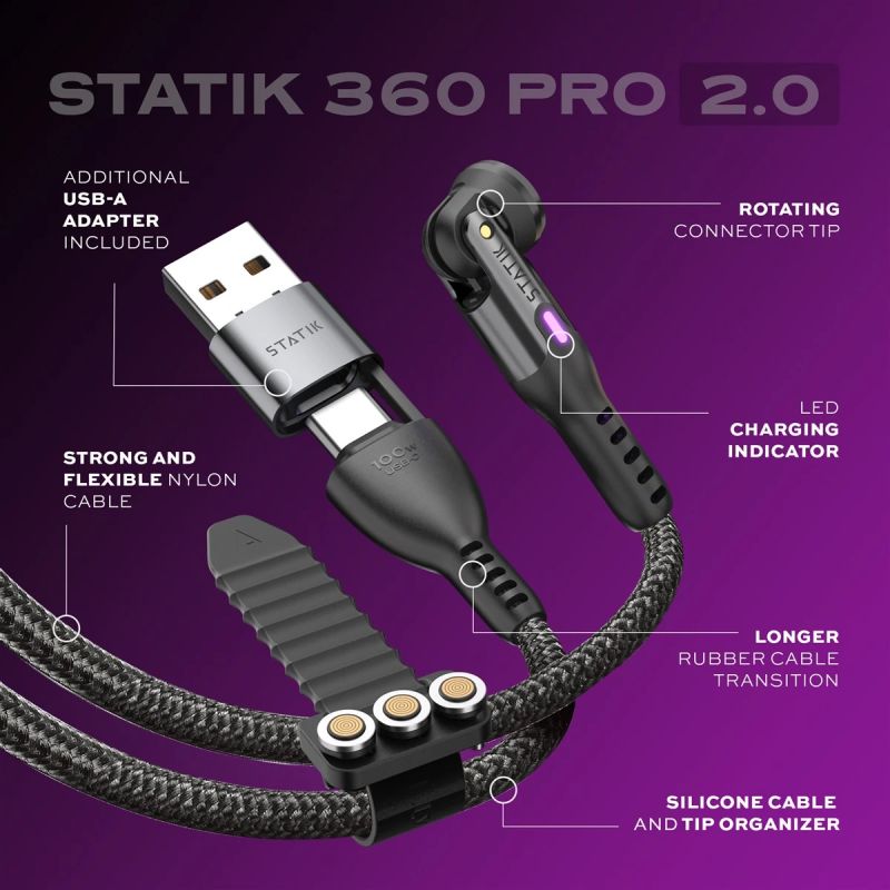 STATIK Statik 360 Pro, Universal Magnetic Charging Cable, 1m, Black