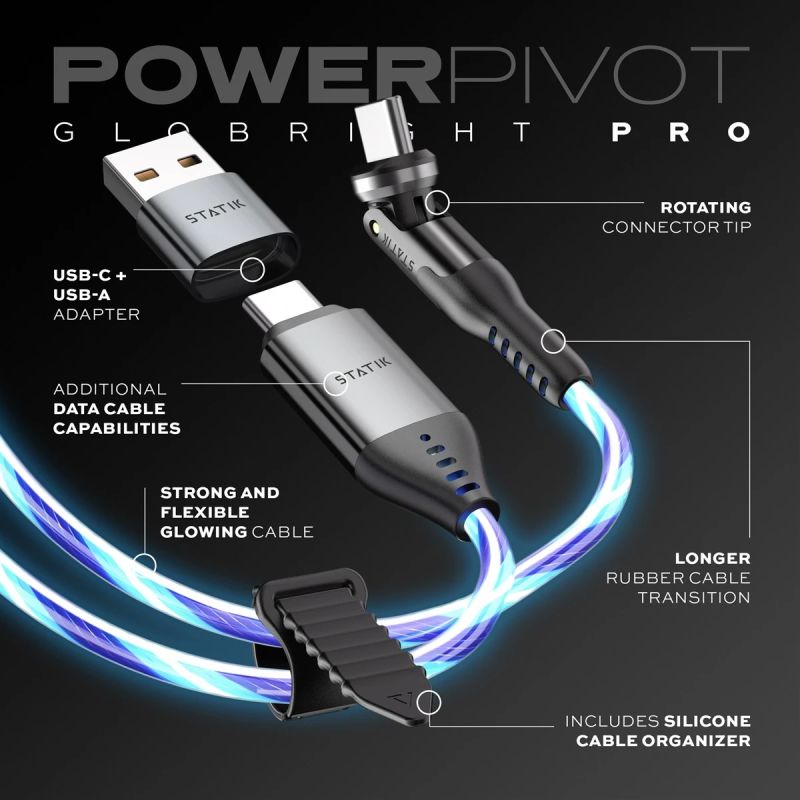 STATIK PowerPivot Pro, Glowing LED Cabel, USB-C to USB-C, 2m, Black