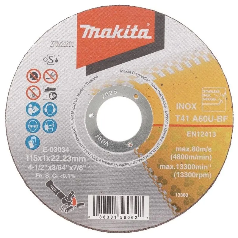 Nerūsējošā tērauda griešanas disks Makita E-03034 115x1x22