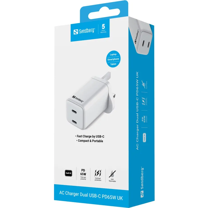 Sandberg 441-62 AC Charger Dual USB-C PD65W UK