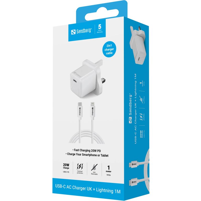 Sandberg 441-64 USB-C 20W Charger UK+Lightning, Incl. 1m USB-C Lighting cable