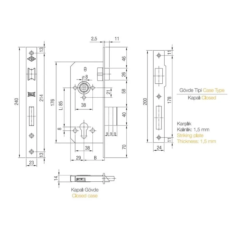 Iebūvējamā slēdzene 152-R45 3T. ārdurvīm, pārklāta ar misiņu