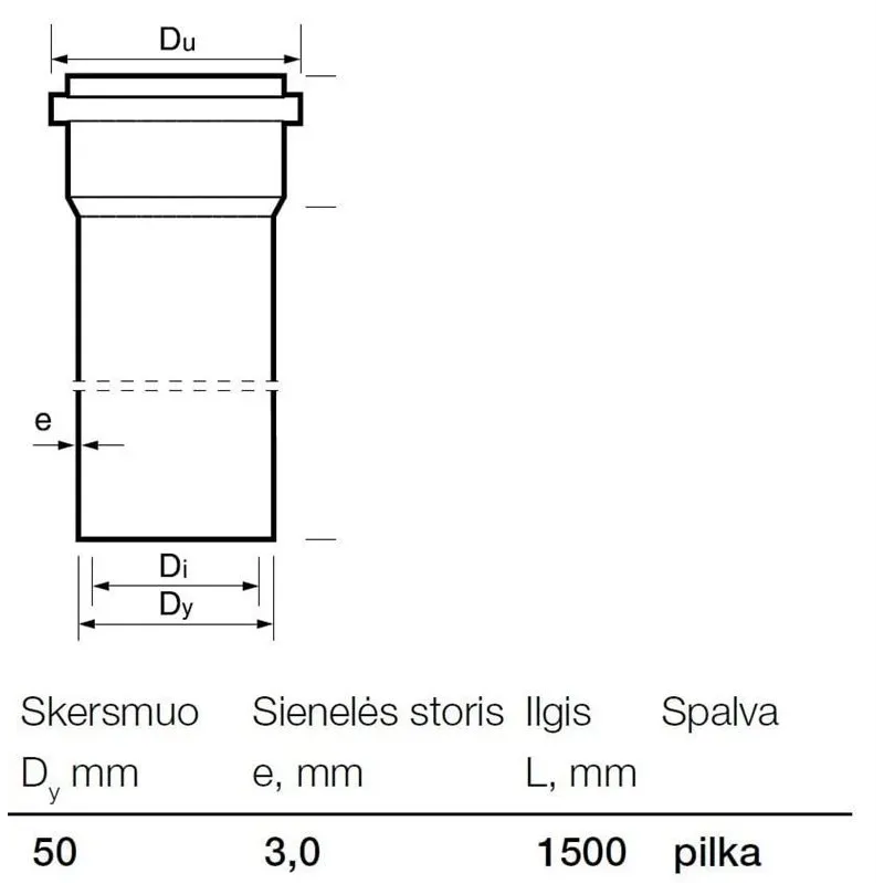 Kanalizācijas caurule Wavin D50x1500mm. PVC