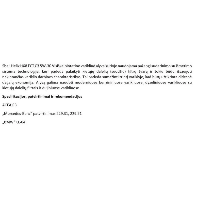 Motoreļļa shellhelix hx8 ect c3 5w-30 5l