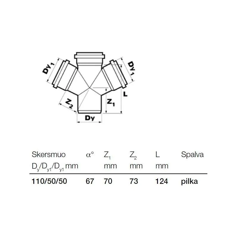 Kanalizācijas caurules krustgabals Wavin D50-110mm. 67°. PP