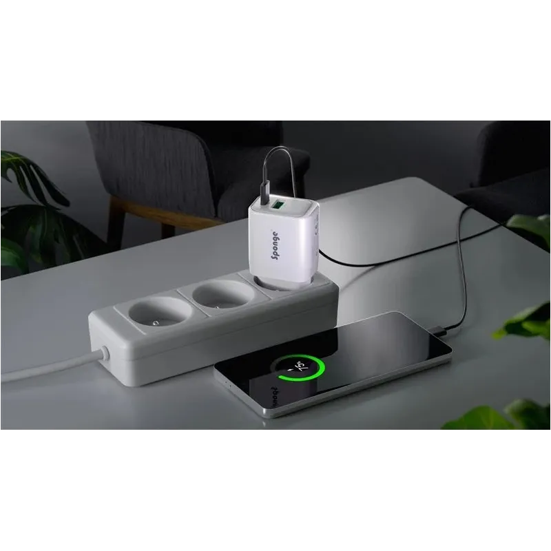 Adapteris Sponge C1 22.5W GaN. USB-C-USB-A. balta