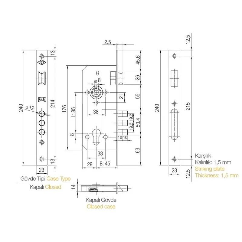 Iebūvējamā slēdzene, 2000, 152-3mr, bez cilindra,