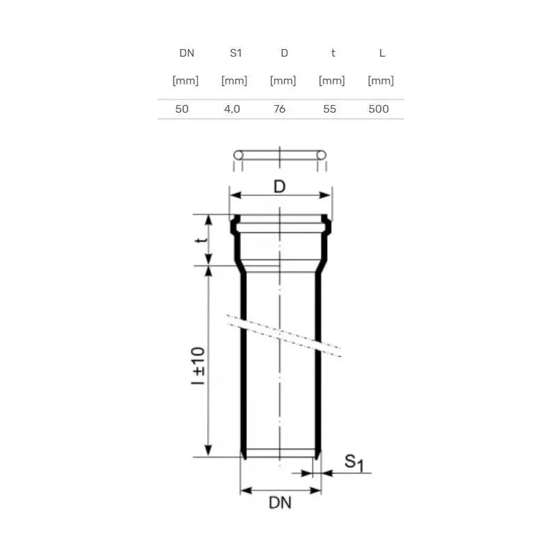 Kanalizācijas caurule Magnaplast. Skolan. DIA 58 mm. 0.5 m