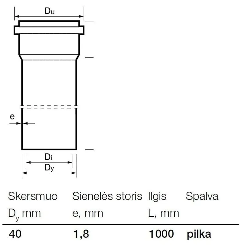 Kanalizācijas caurule ar uzmavu Wavin D40x1000mm. PP