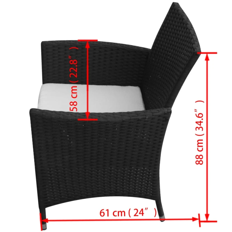 vidaXL 7-daļīgs dārza mēbeļu komplekts ar matračiem, PE pinums, melns
