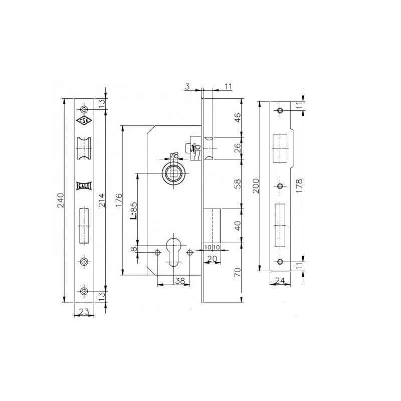Iebūvējamā slēdzene Kale Kilit 152-R-35, bez cilindra