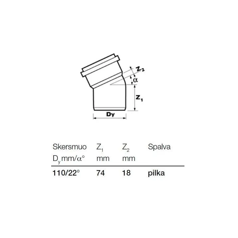 Kanalizācijas caurules 22° līkums Wavin D110mm. PVC