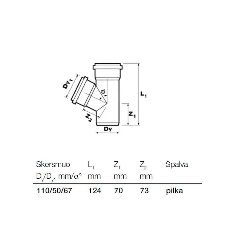 Kanalizācijas caurules trejgabals Wavin D110-50mm. 67°. PVC