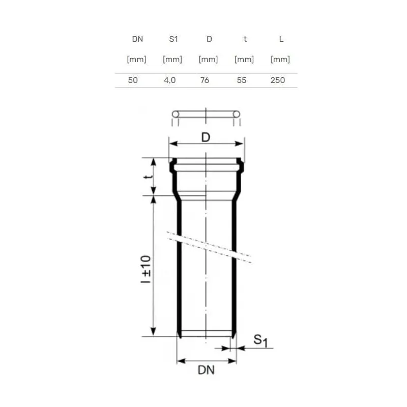 Kanalizācijas caurule Magnaplast. Skolan. DIA 58 mm. 0.25 m