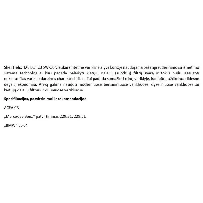 Motoreļļa shellhelix hx8 ect c3 5w-30 1l