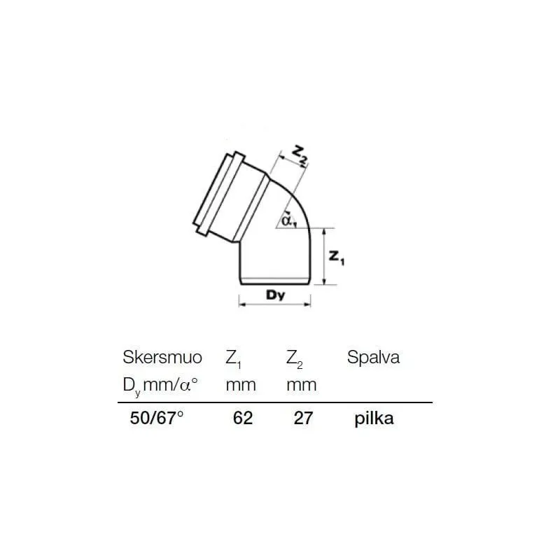 Kanalizācijas caurules 67° līkums Wavin D50mm. PVC