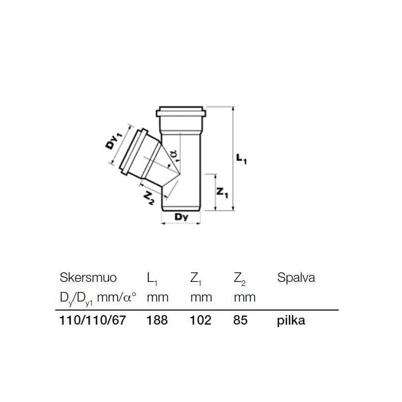 Kanalizācijas caurules trejgabals Wavin D110mm. 67°. PVC
