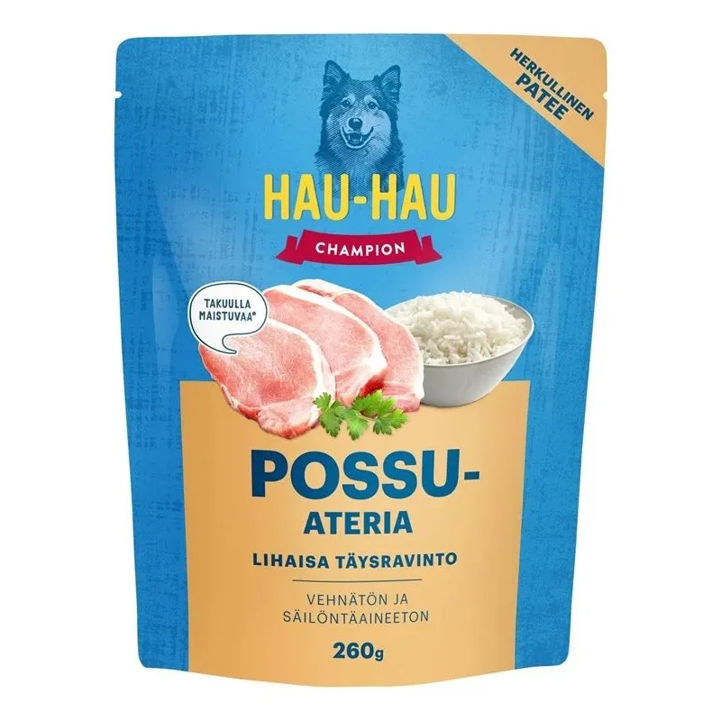 Mitrā barība suņiem. vistas gaļa-cūkgaļa Hau-Hau 0.26kg