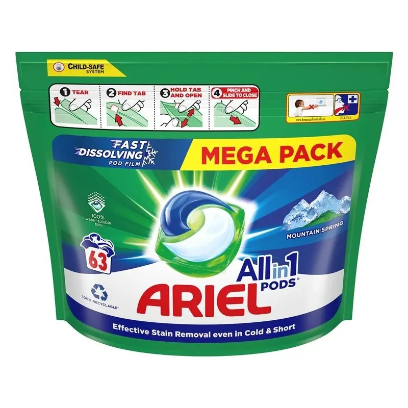 Kapsulas mazgāšanai Ariel Mountain Spring. 63 gab.