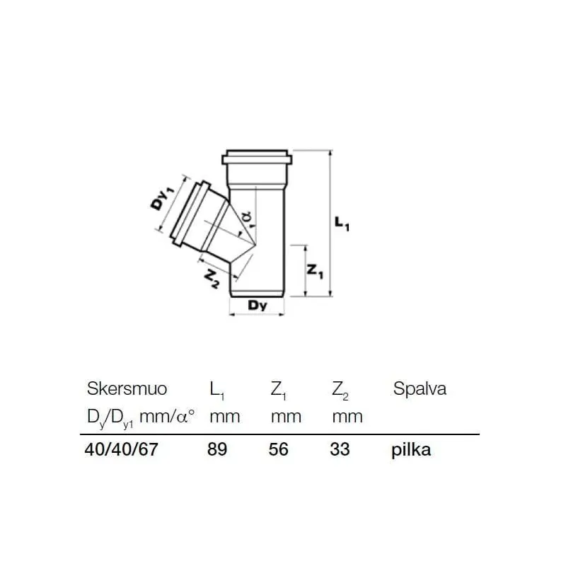 Kanalizācijas cauruļu trejgabals Wavin D40-40mm. 67°