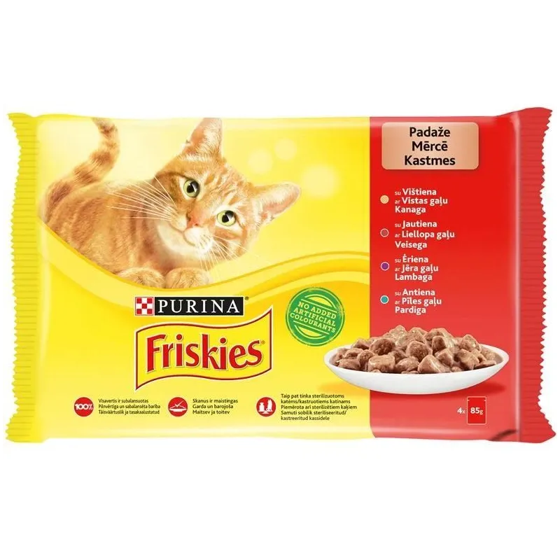 Konservi kaķiem FRISKIES ar gaļu komplekts 85 g x 4 gab.