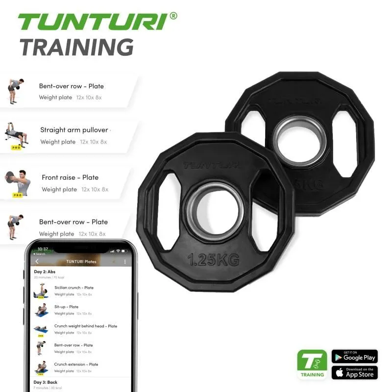 Svaru šķīvji TUNTURI Olimpiskās gumijas plāksnes, 50 mm, 1,25 kg