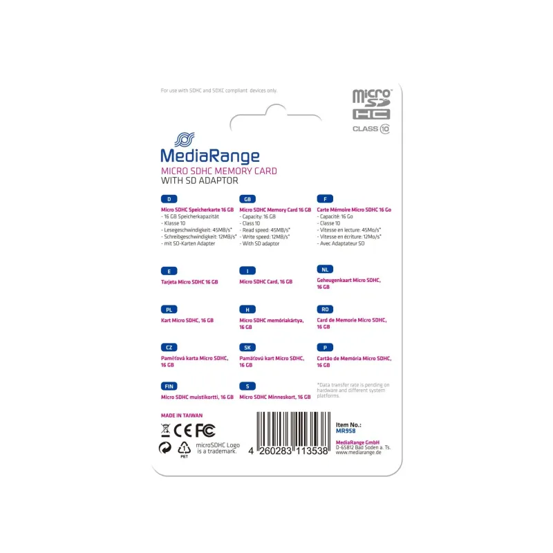 Memory micro sdhc 16gb c10-w-adapter mr958 mediarange