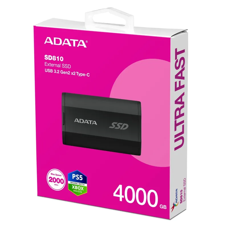 External SSD-ADATA-SD810-4TB-USB-C-Write speed 2000 MBytes-sec-Read speed 2000 MBytes-sec-SD810-4000G-CBK