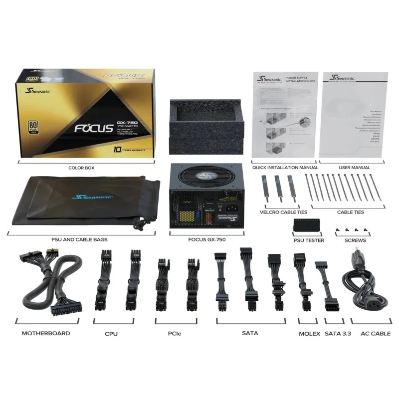Power Supply-SEASONIC-FOCUS GX ATX 3.0-750 Watts-Efficiency 80 PLUS GOLD-MTBF 100000 hours-FOCUS-GX-750-V4
