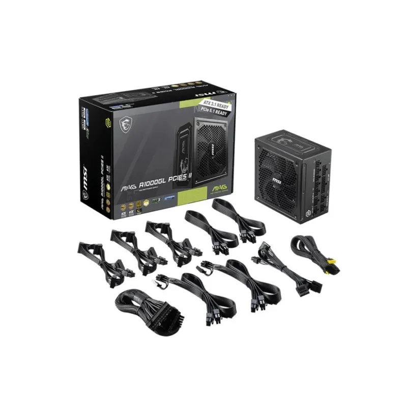Power Supply-MSI-MAG A1000GL PCIE5 II-ATX 3.1-1000 Watts-Efficiency 80 PLUS GOLD-PFC Active-MAGA1000GLPCIE5II
